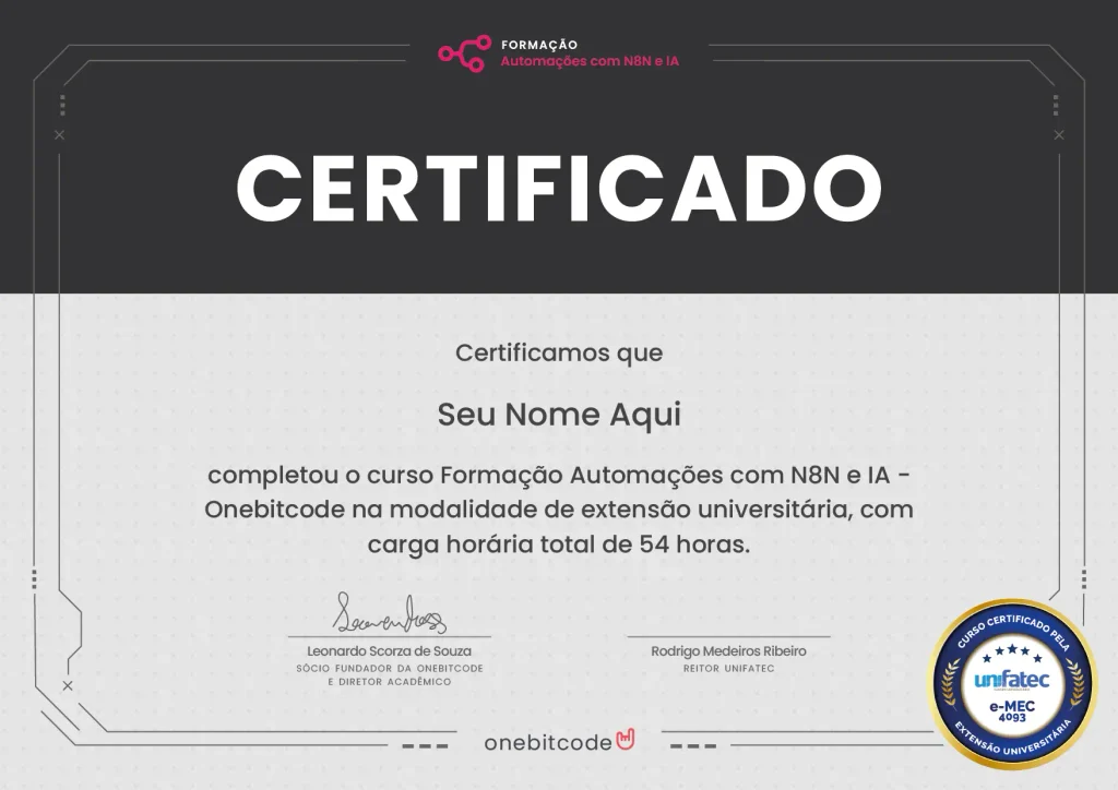 Certificado do curso de Formação Automações com N8N e IA - Onebitcode
