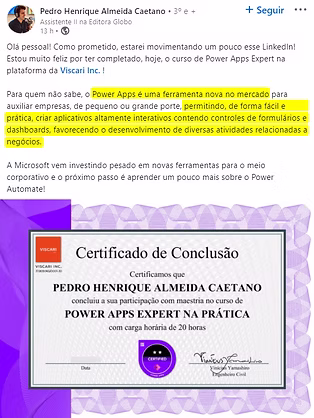 Depoimento de aluno sobre o Curso de POWER APPS Expert na Prática