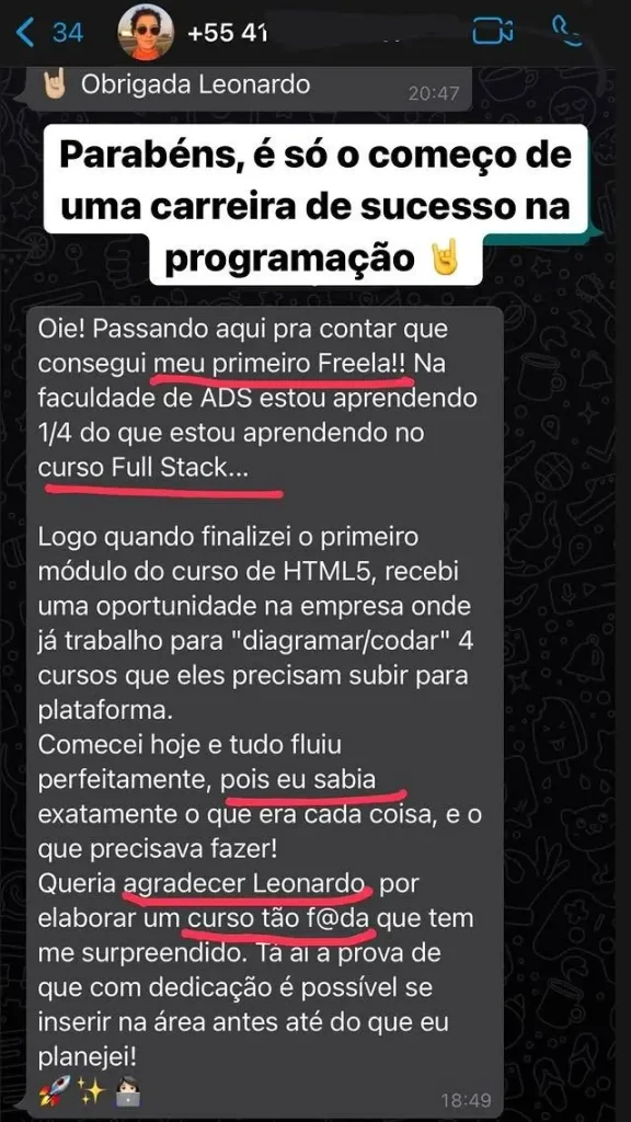 depoimento de aluno do curso de Formação Full Stack JavaScript