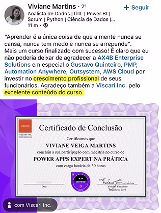 Depoimento de aluno do Curso de POWER APPS